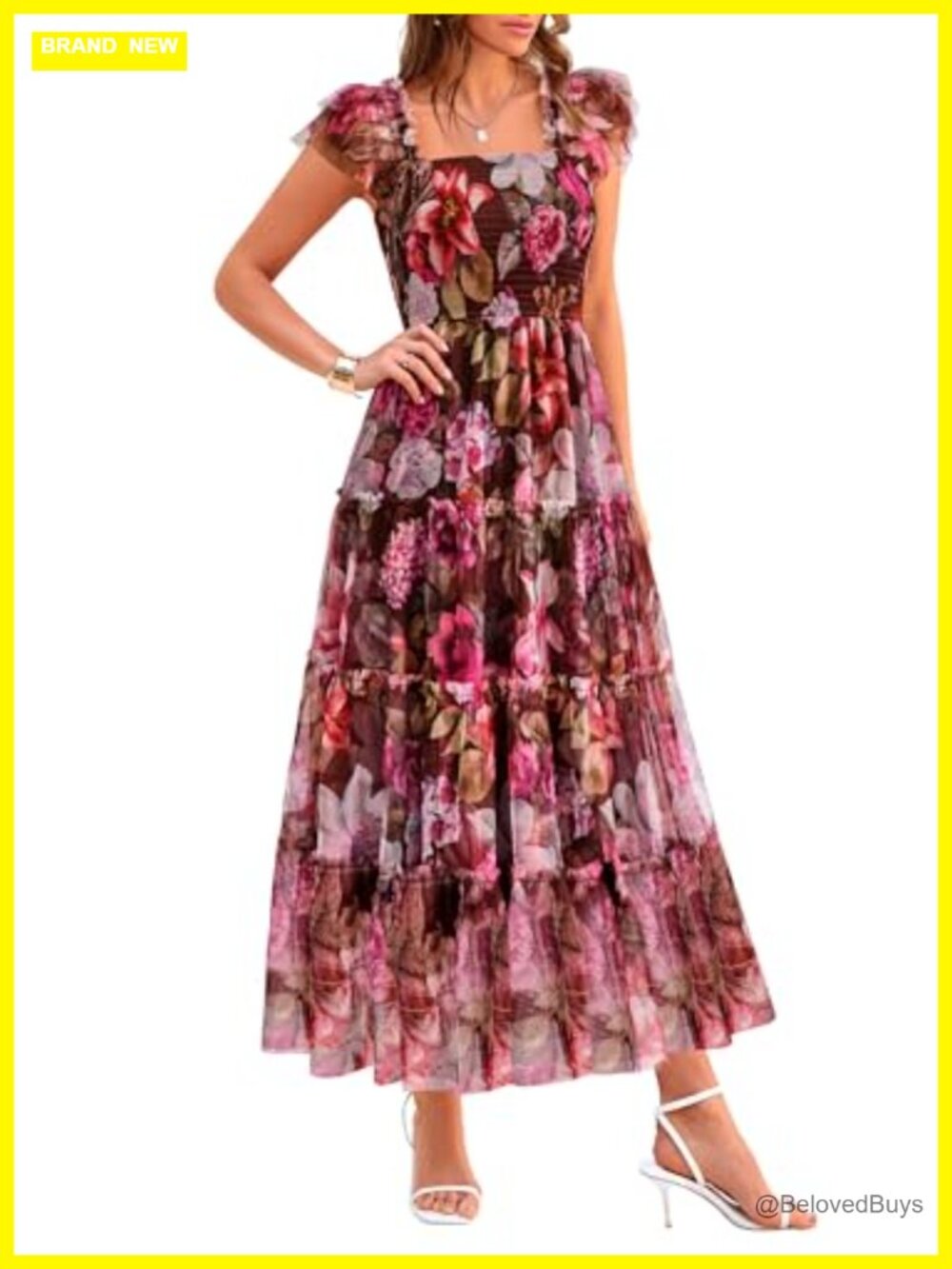 Women's Smocked Midi Tulle Dress Sleeveless A-Line Casual Summer Sundress